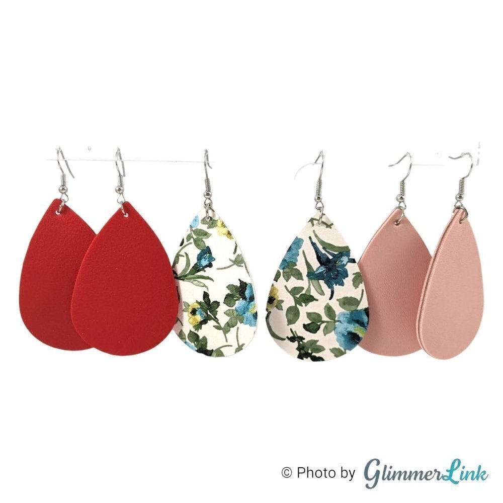 Faux Leather Teardrop Shaped Dangle Earrings Pink, Red and Floral Blue Set of 3